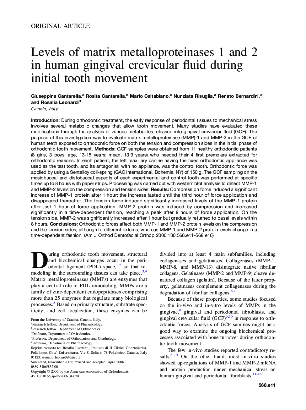 Levels of matrix metalloproteinases 1 and 2 in human gingival crevicular fluid during initial tooth movement