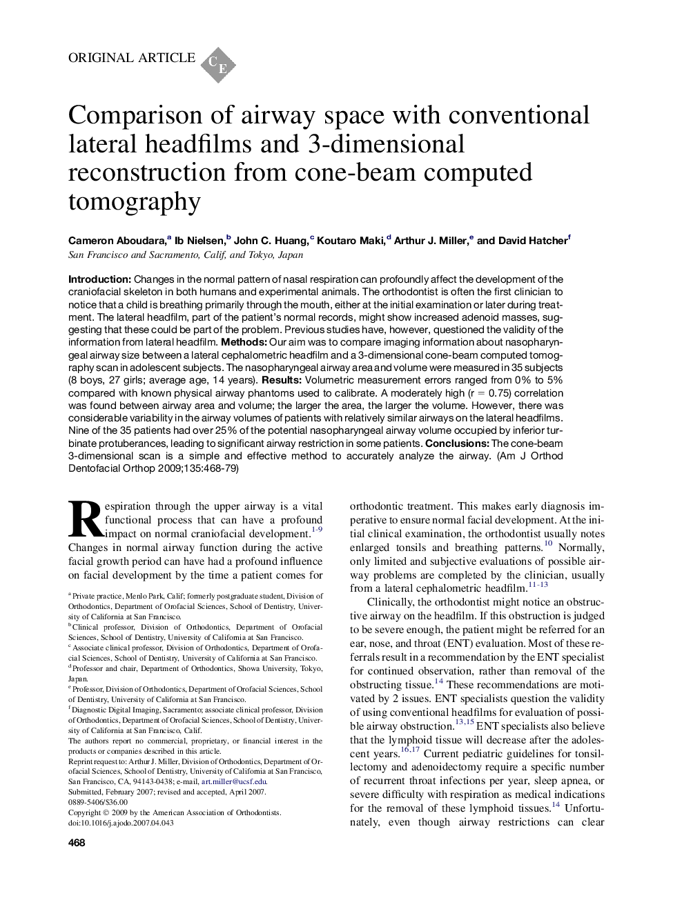 Comparison of airway space with conventional lateral headfilms and 3-dimensional reconstruction from cone-beam computed tomography 