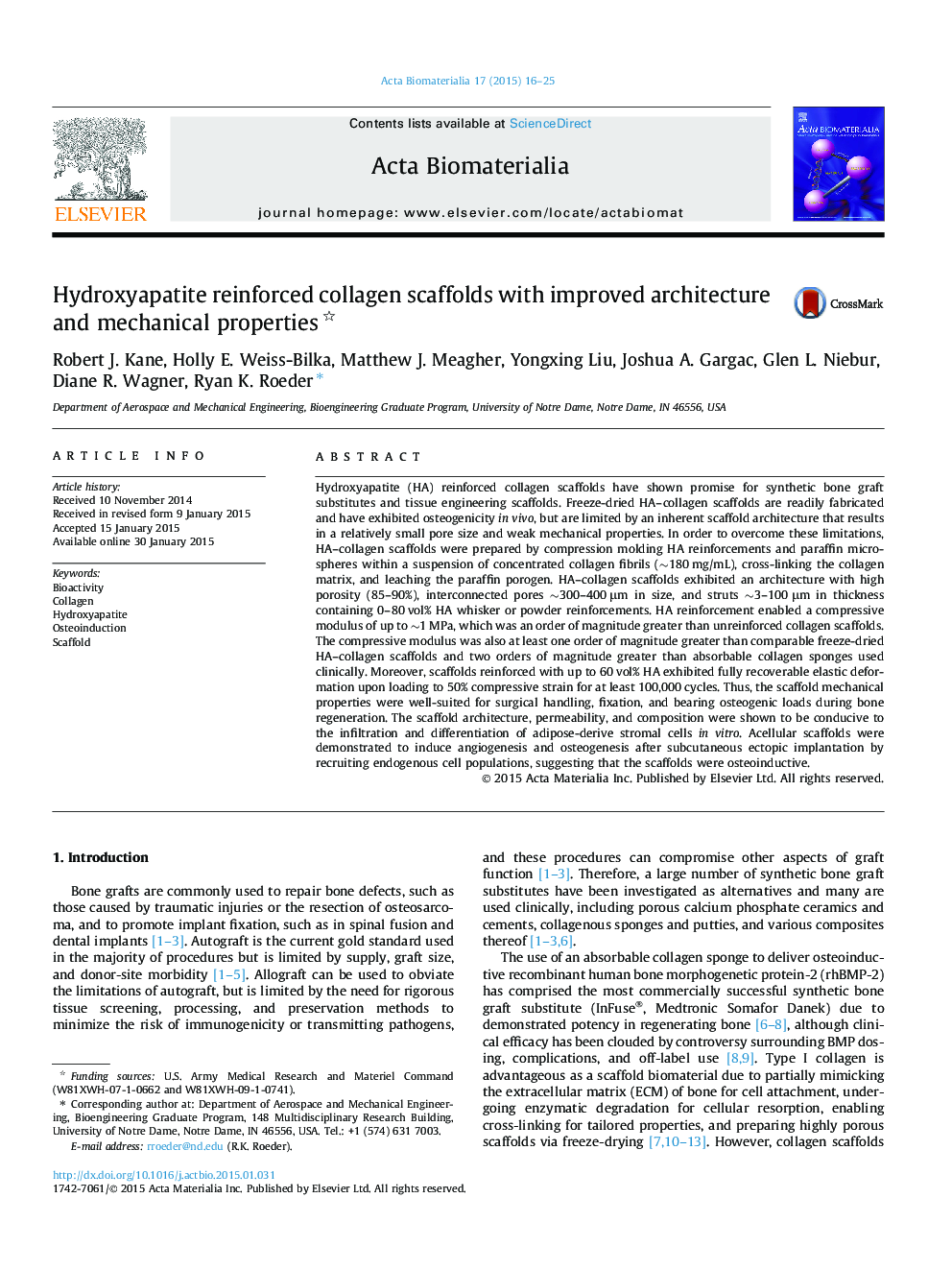 Hydroxyapatite reinforced collagen scaffolds with improved architecture and mechanical properties 