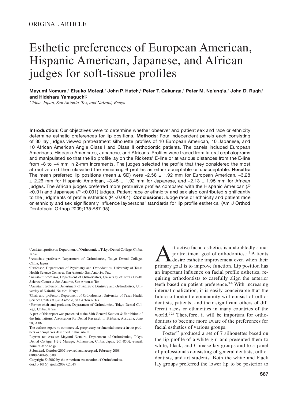 Esthetic preferences of European American, Hispanic American, Japanese, and African judges for soft-tissue profiles 