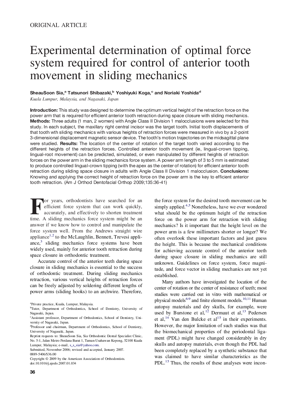 Experimental determination of optimal force system required for control of anterior tooth movement in sliding mechanics