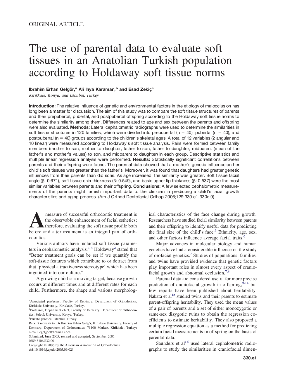 The use of parental data to evaluate soft tissues in an Anatolian Turkish population according to Holdaway soft tissue norms