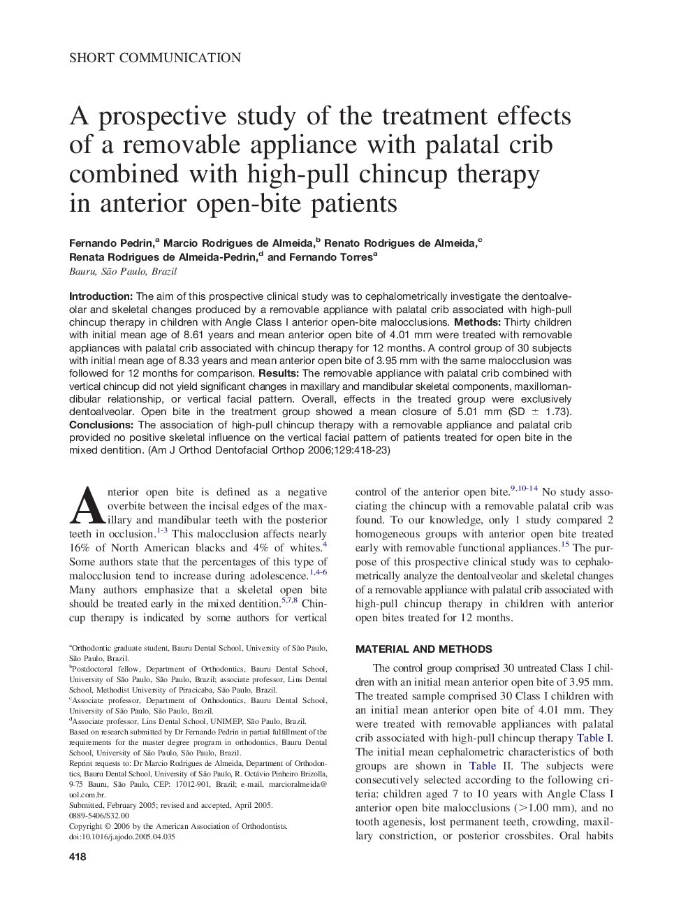 A prospective study of the treatment effects of a removable appliance with palatal crib combined with high-pull chincup therapy in anterior open-bite patients 