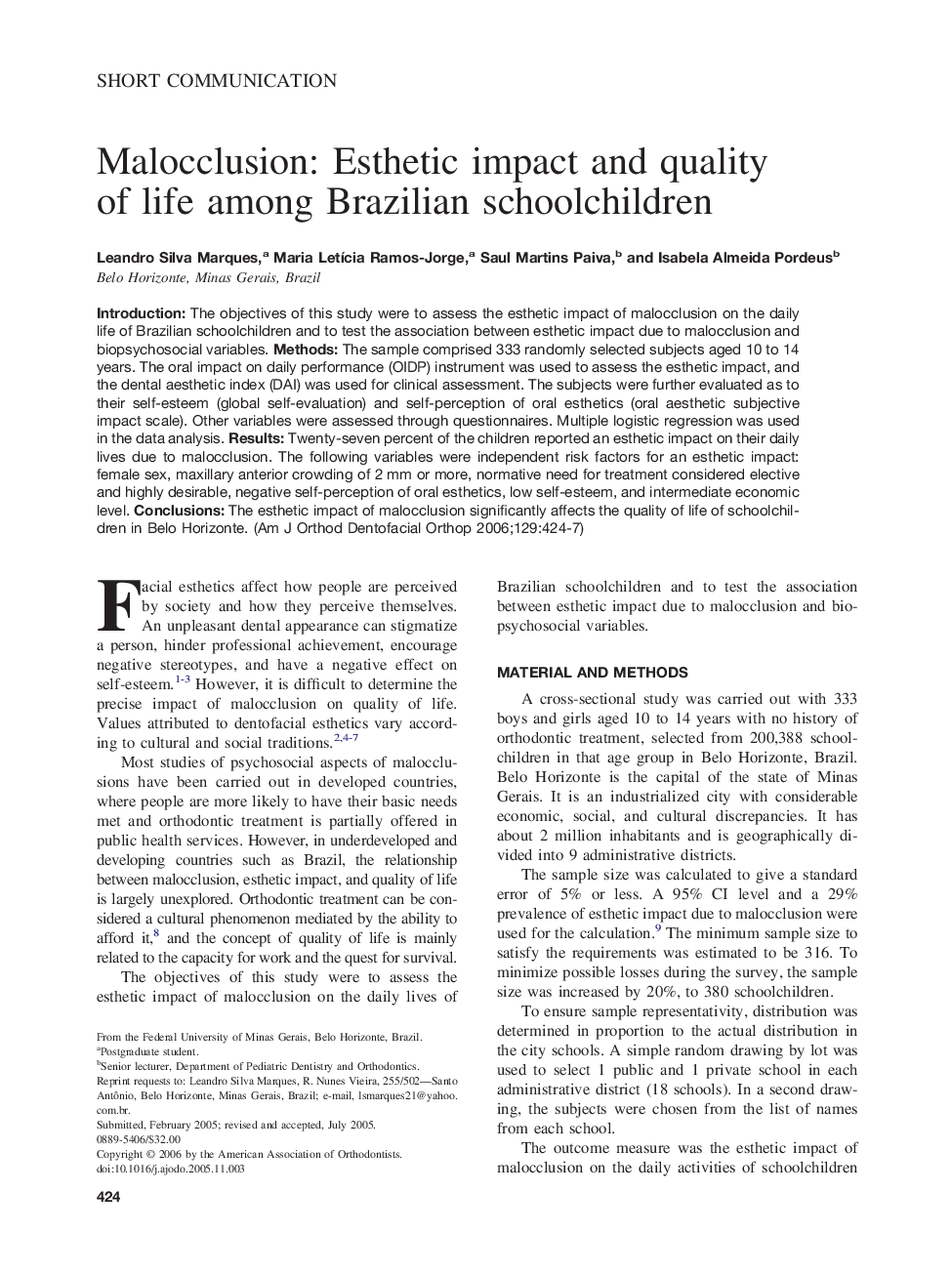 Malocclusion: Esthetic impact and quality of life among Brazilian schoolchildren