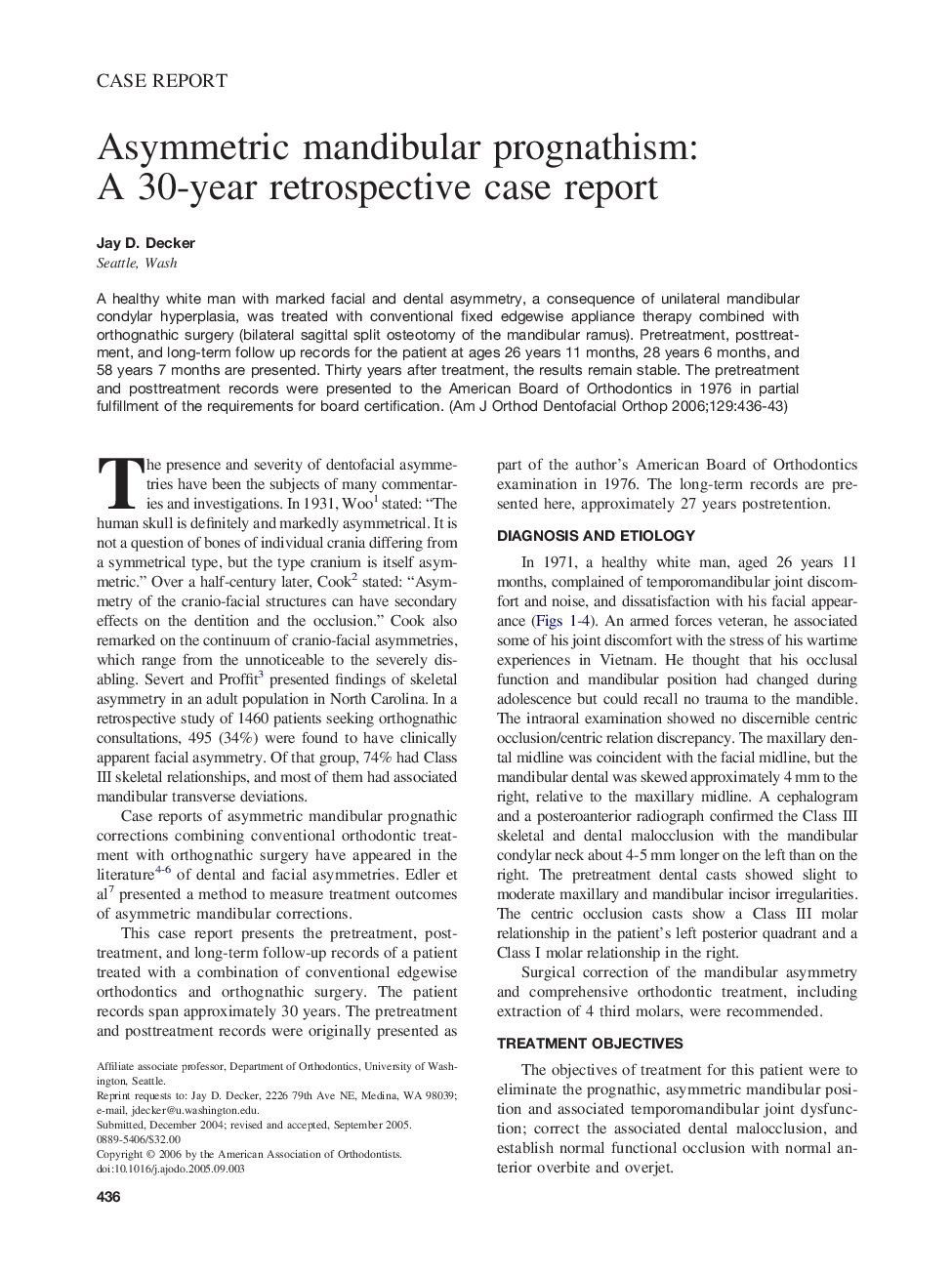 Asymmetric mandibular prognathism: A 30-year retrospective case report