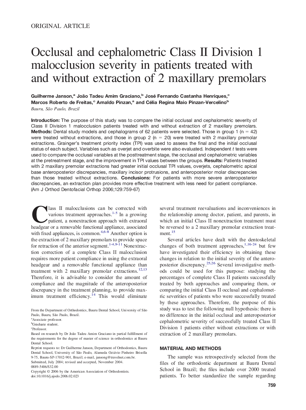 Occlusal and cephalometric Class II Division 1 malocclusion severity in patients treated with and without extraction of 2 maxillary premolars