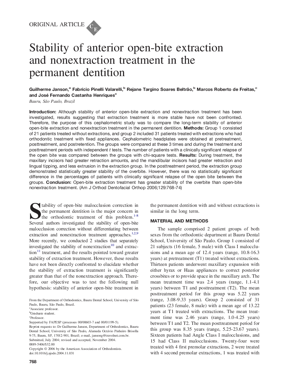 Stability of anterior open-bite extraction and nonextraction treatment in the permanent dentition 