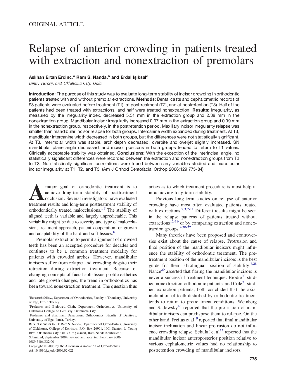 Relapse of anterior crowding in patients treated with extraction and nonextraction of premolars