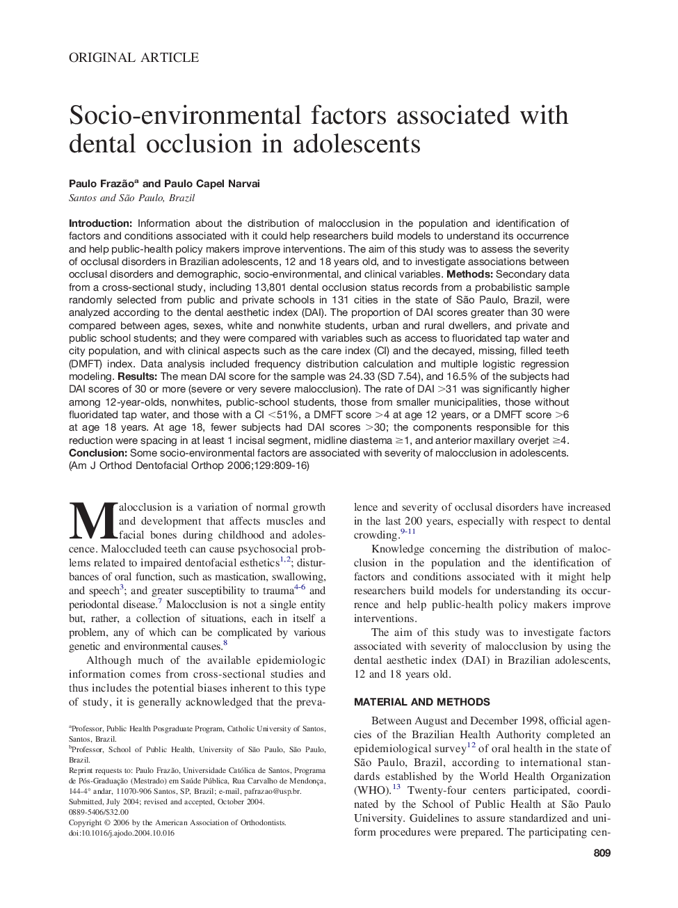 Socio-environmental factors associated with dental occlusion in adolescents