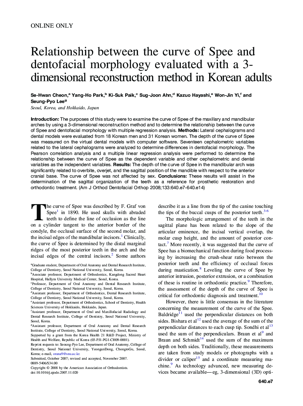 Relationship between the curve of Spee and dentofacial morphology evaluated with a 3-dimensional reconstruction method in Korean adults