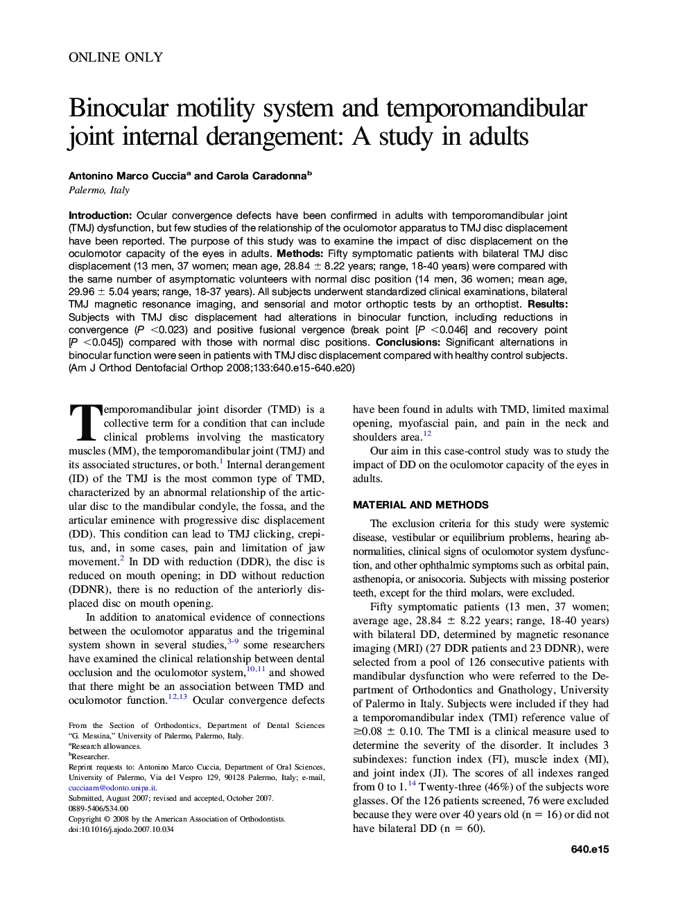 Binocular motility system and temporomandibular joint internal derangement: A study in adults