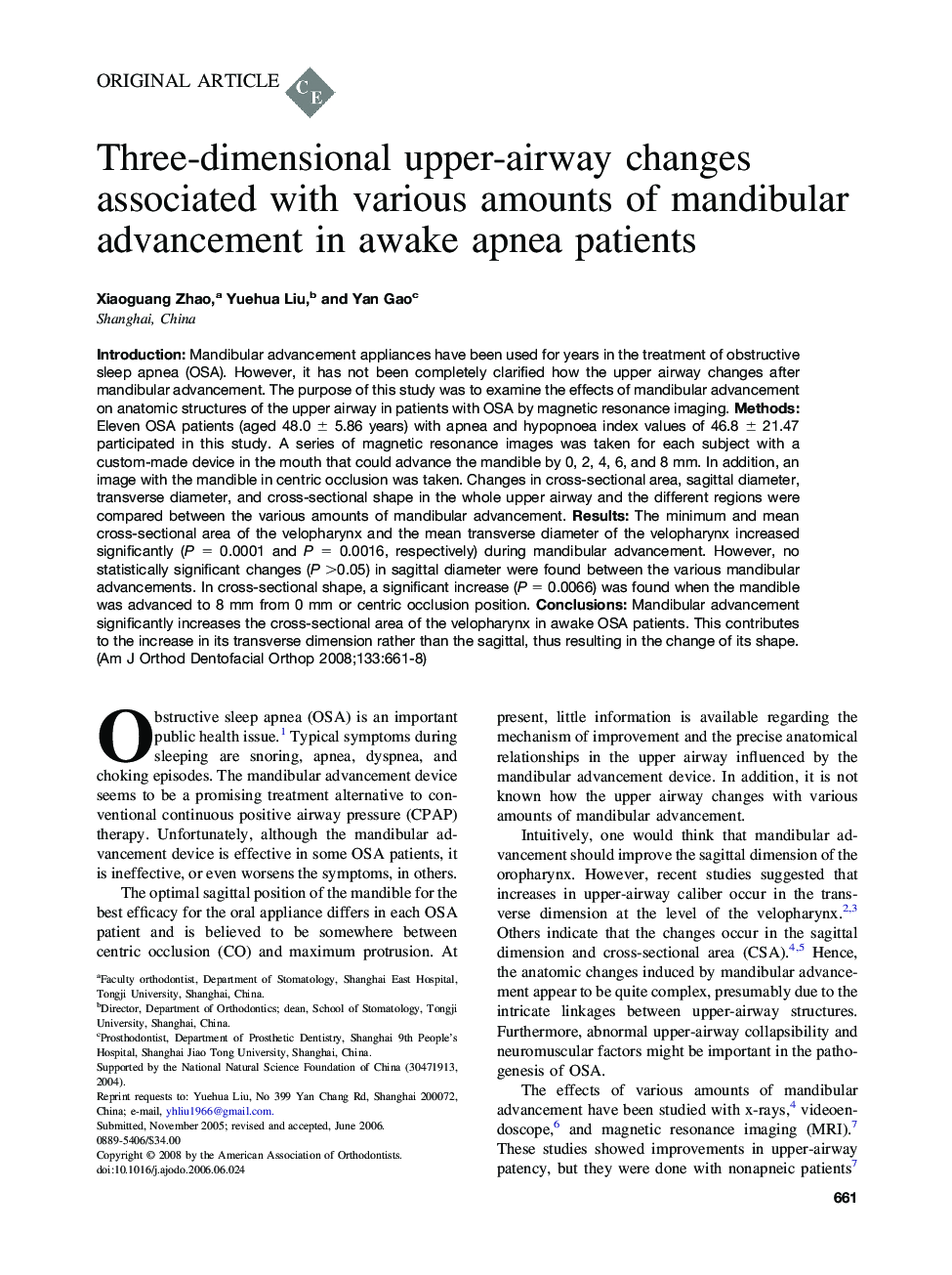 Three-dimensional upper-airway changes associated with various amounts of mandibular advancement in awake apnea patients 