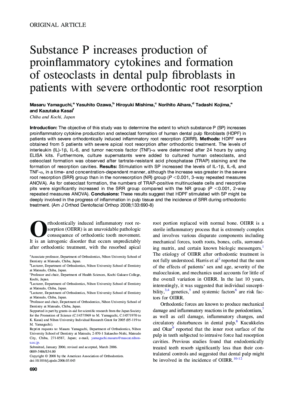 Substance P increases production of proinflammatory cytokines and formation of osteoclasts in dental pulp fibroblasts in patients with severe orthodontic root resorption 