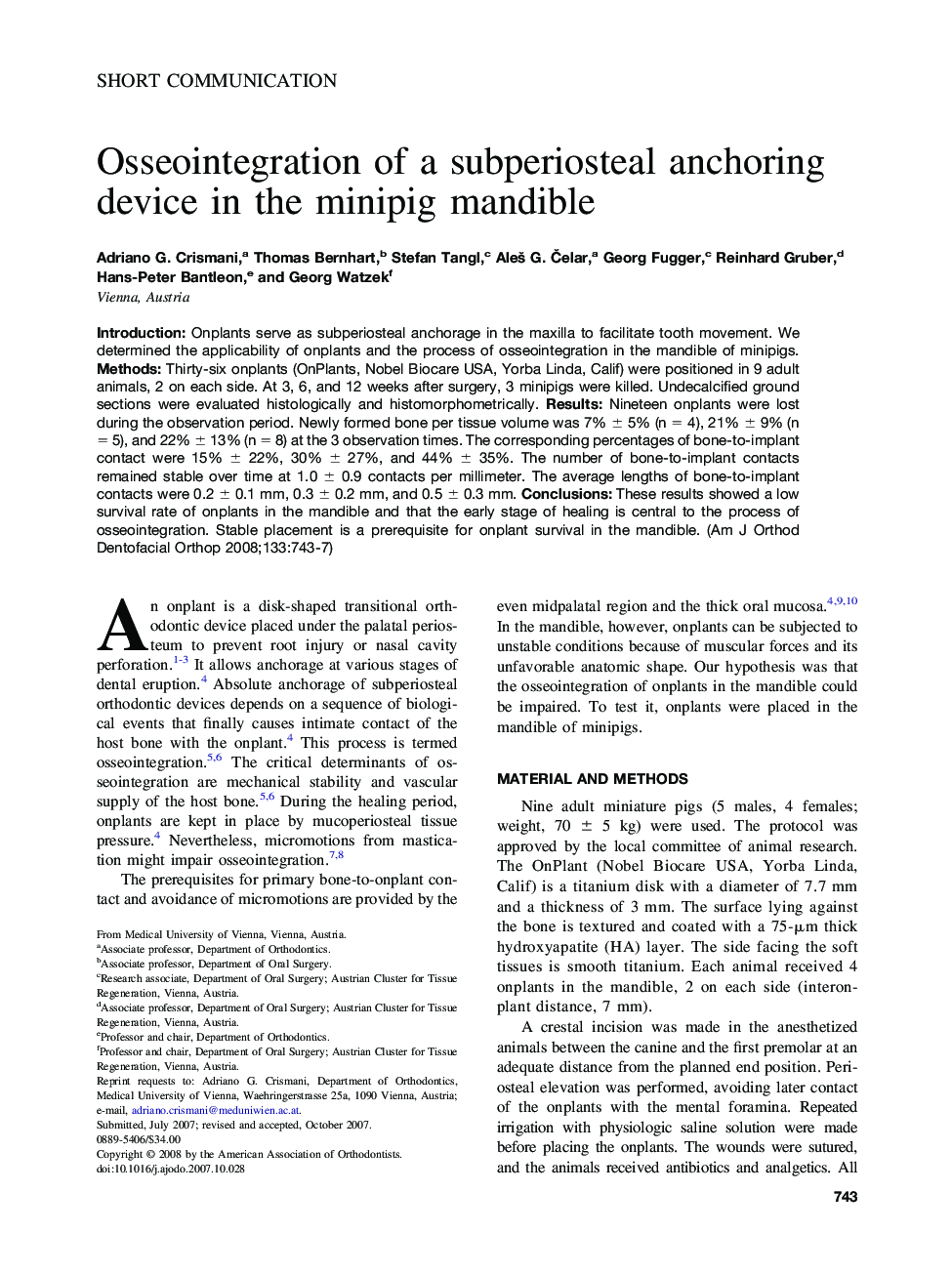 Osseointegration of a subperiosteal anchoring device in the minipig mandible