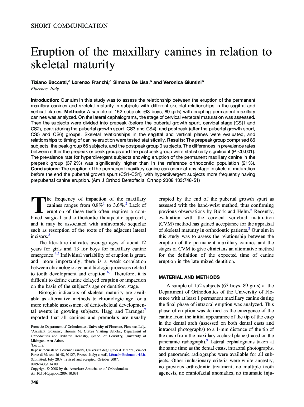 Eruption of the maxillary canines in relation to skeletal maturity