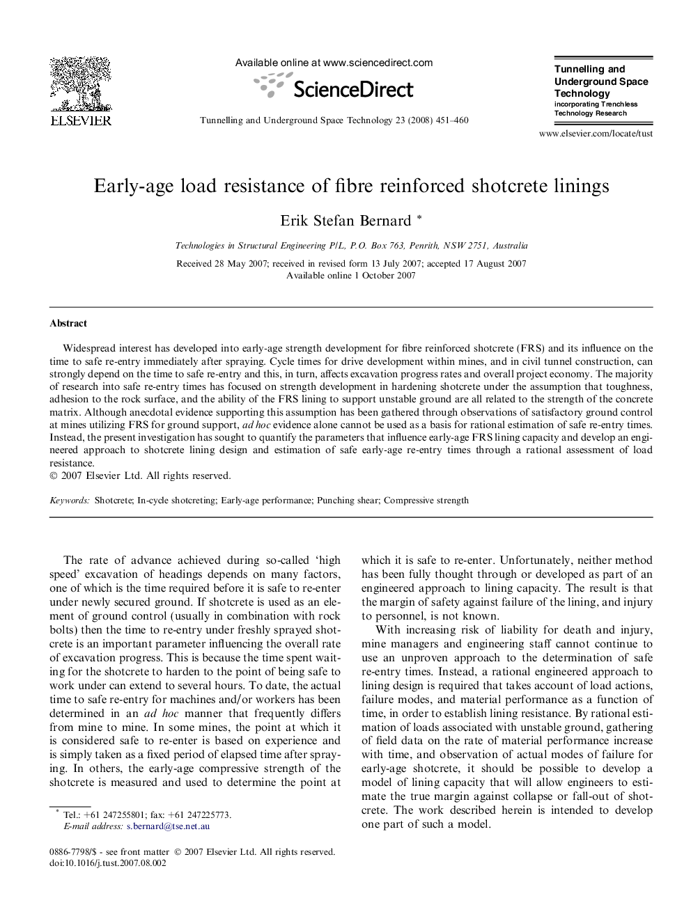 Early-age load resistance of fibre reinforced shotcrete linings