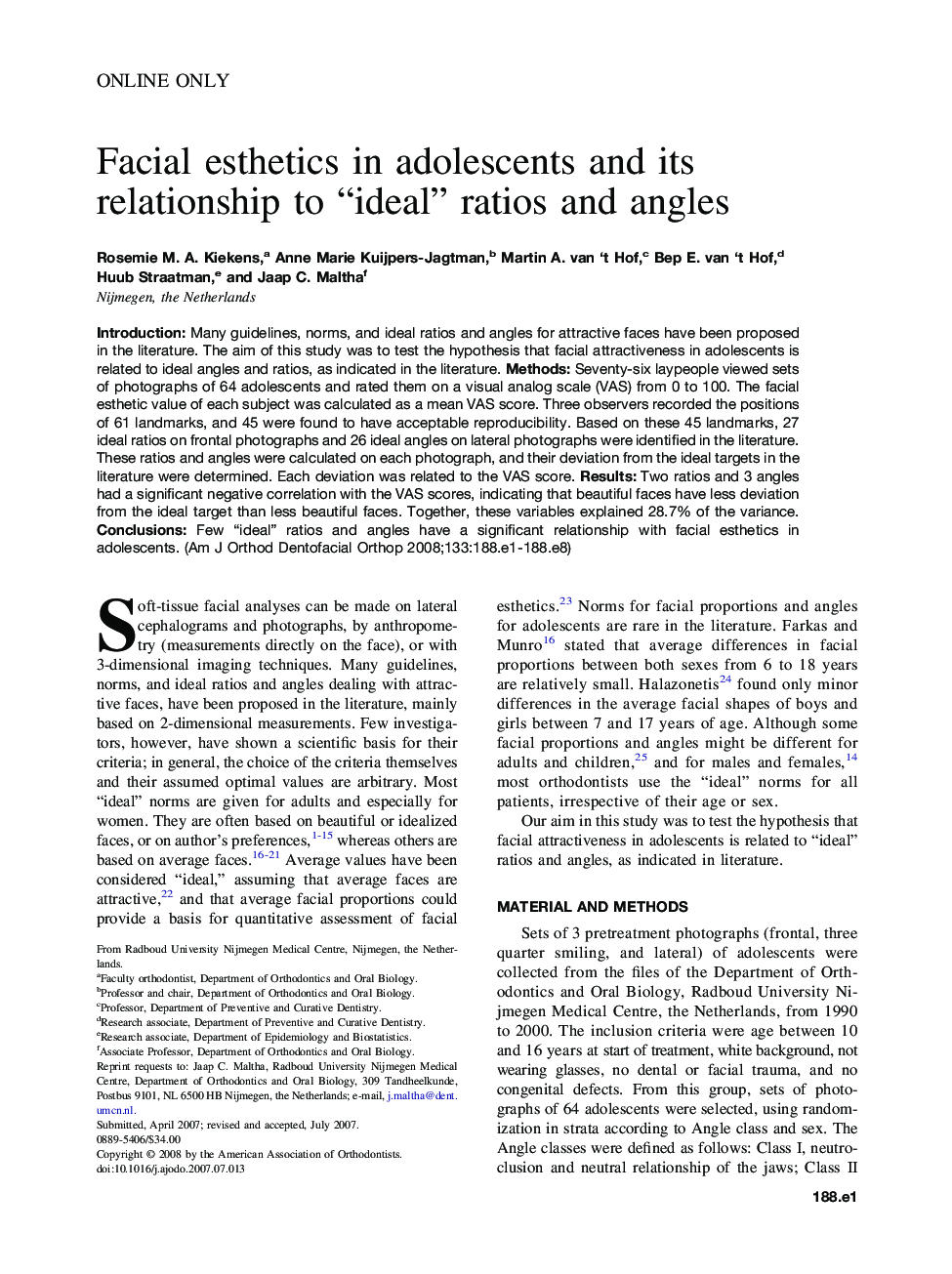 Facial esthetics in adolescents and its relationship to “ideal” ratios and angles