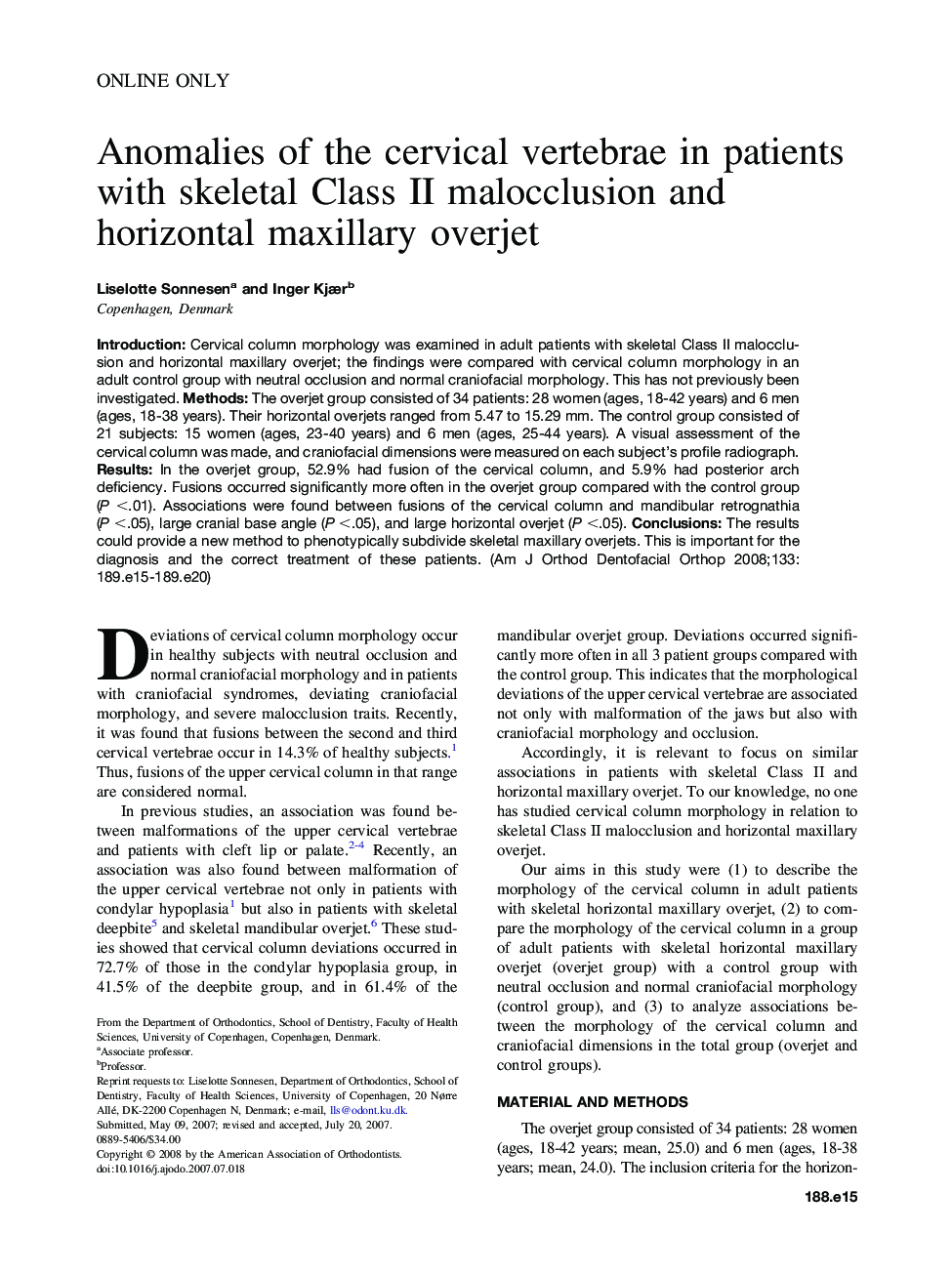 Anomalies of the cervical vertebrae in patients with skeletal Class II malocclusion and horizontal maxillary overjet