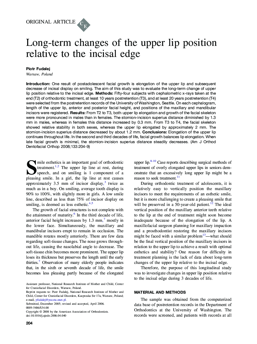 Long-term changes of the upper lip position relative to the incisal edge