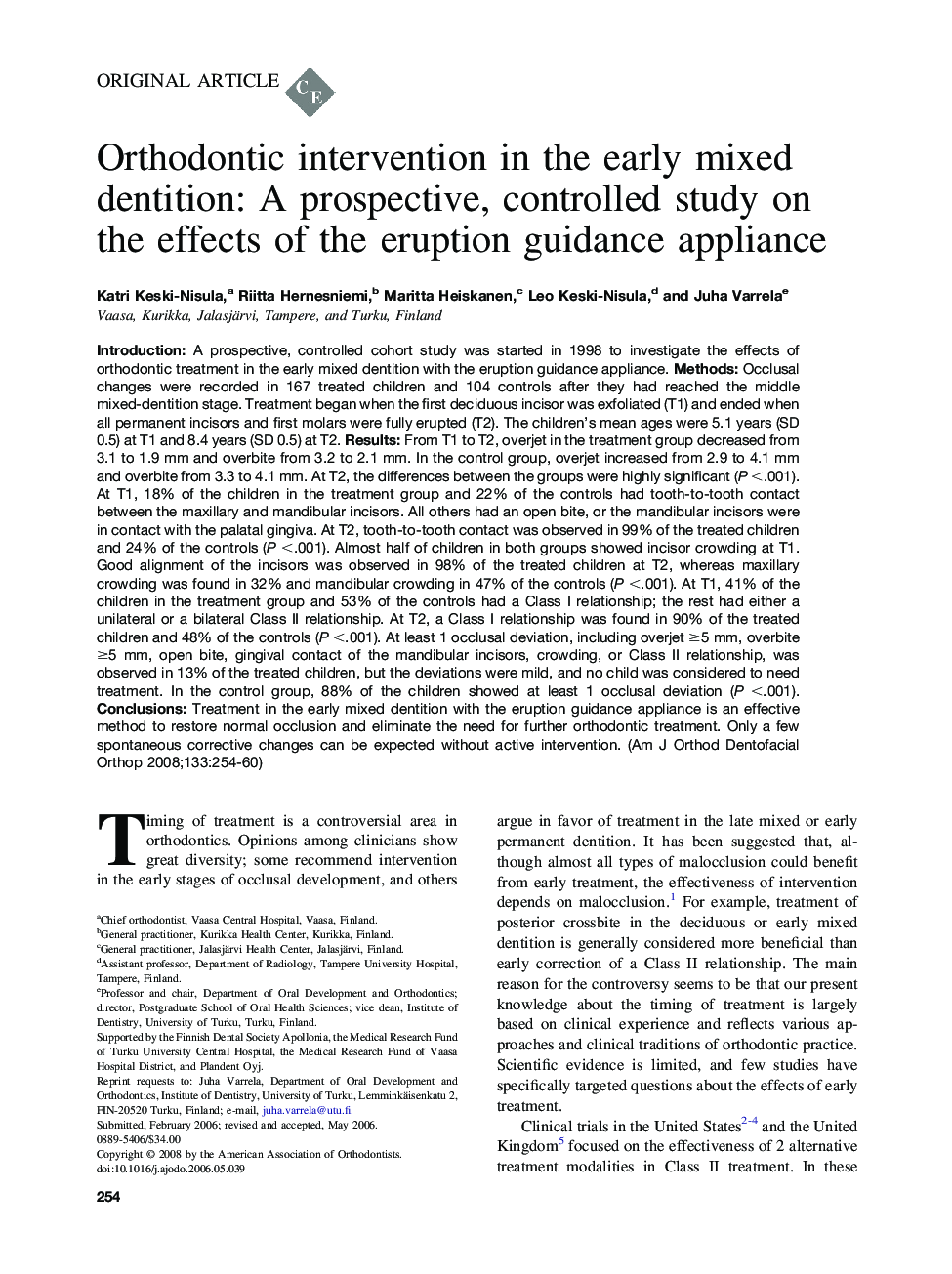 Orthodontic intervention in the early mixed dentition: A prospective, controlled study on the effects of the eruption guidance appliance 