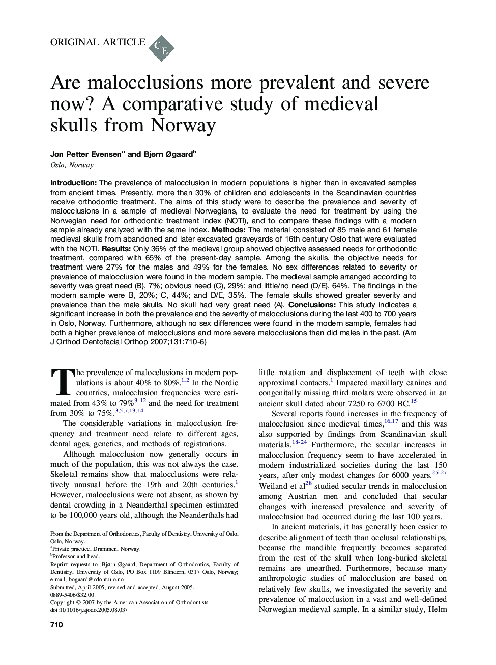 Are malocclusions more prevalent and severe now? A comparative study of medieval skulls from Norway