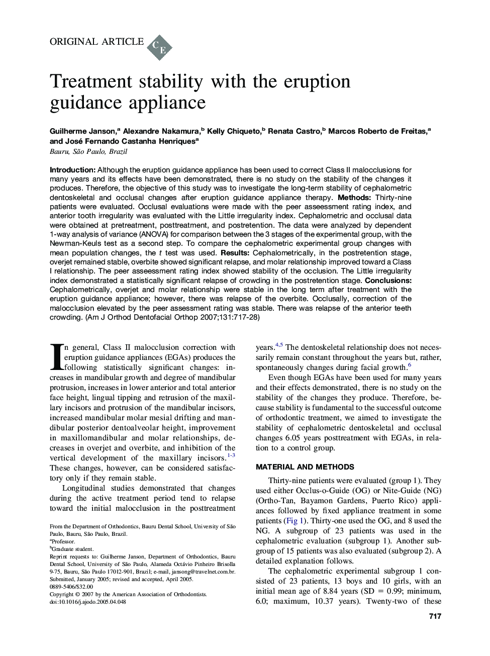 Treatment stability with the eruption guidance appliance