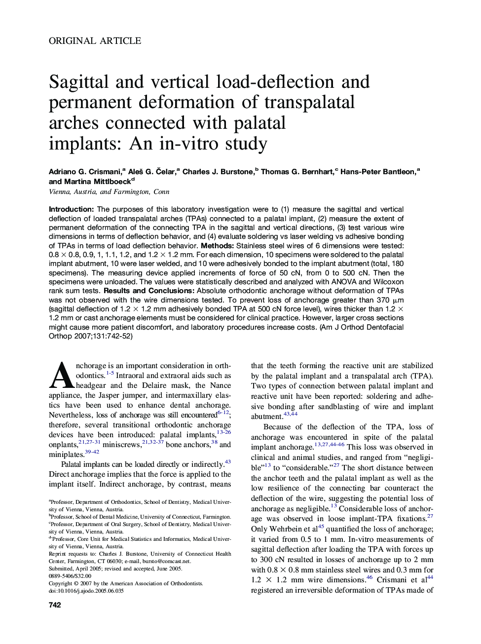 Sagittal and vertical load-deflection and permanent deformation of transpalatal arches connected with palatal implants: An in-vitro study