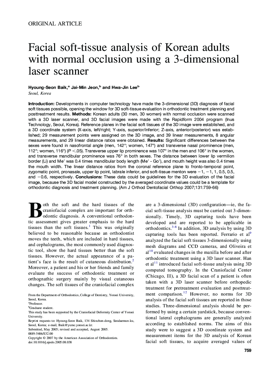 Facial soft-tissue analysis of Korean adults with normal occlusion using a 3-dimensional laser scanner 