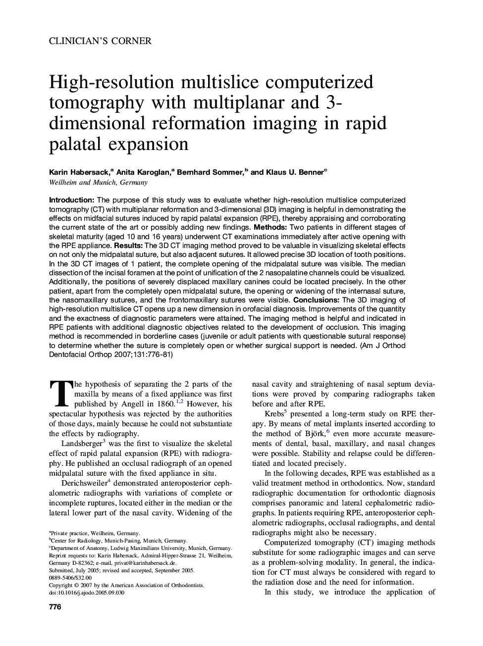 High-resolution multislice computerized tomography with multiplanar and 3-dimensional reformation imaging in rapid palatal expansion