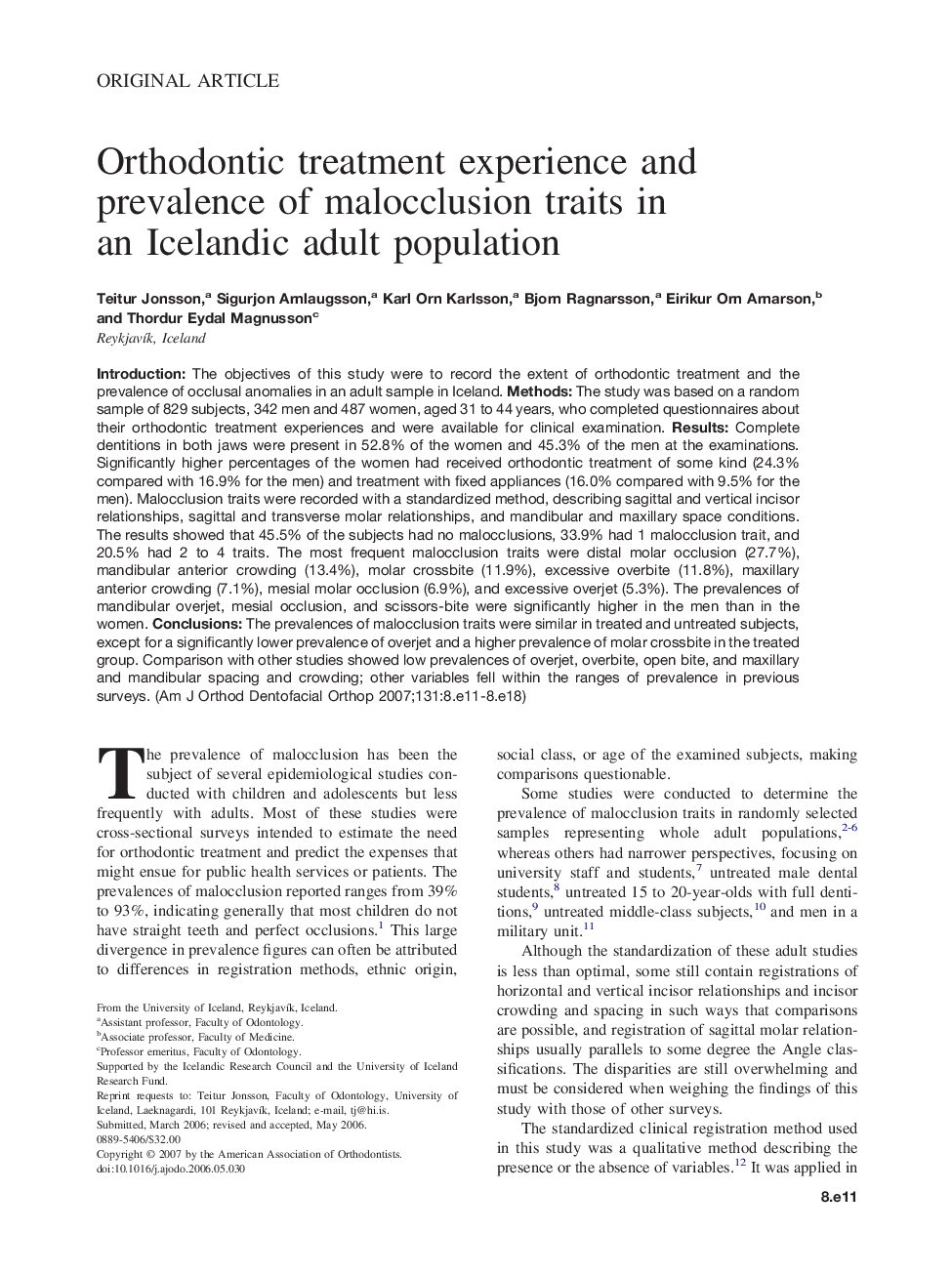 Orthodontic treatment experience and prevalence of malocclusion traits in an Icelandic adult population 