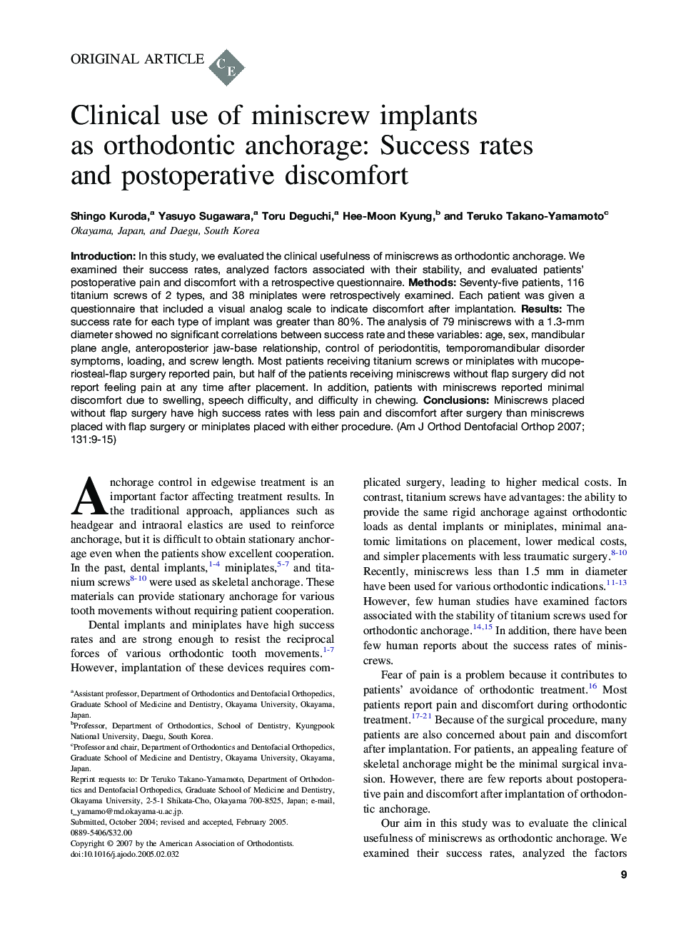 Clinical use of miniscrew implants as orthodontic anchorage: Success rates and postoperative discomfort