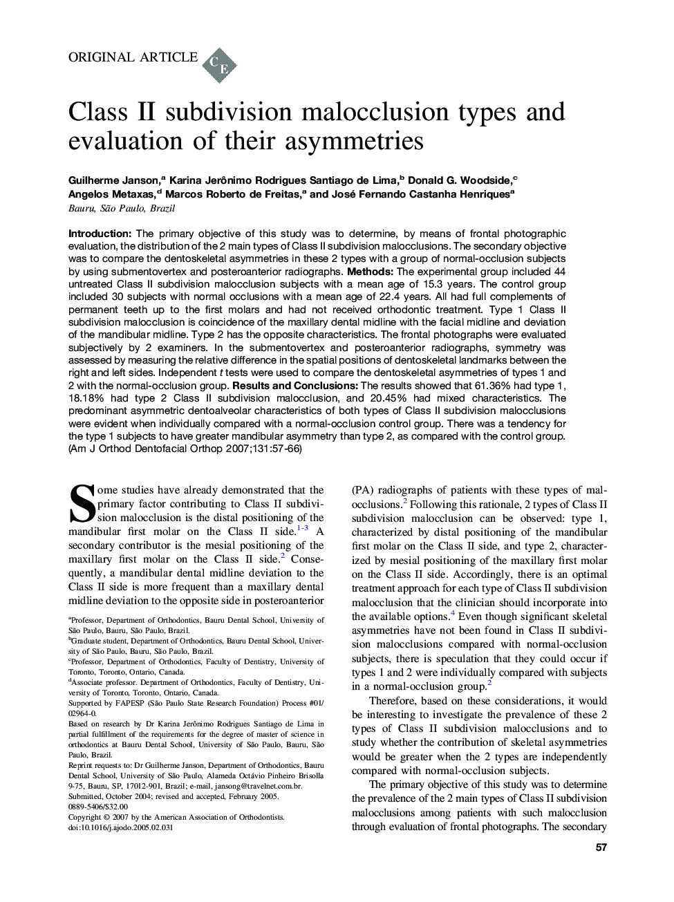 Class II subdivision malocclusion types and evaluation of their asymmetries 