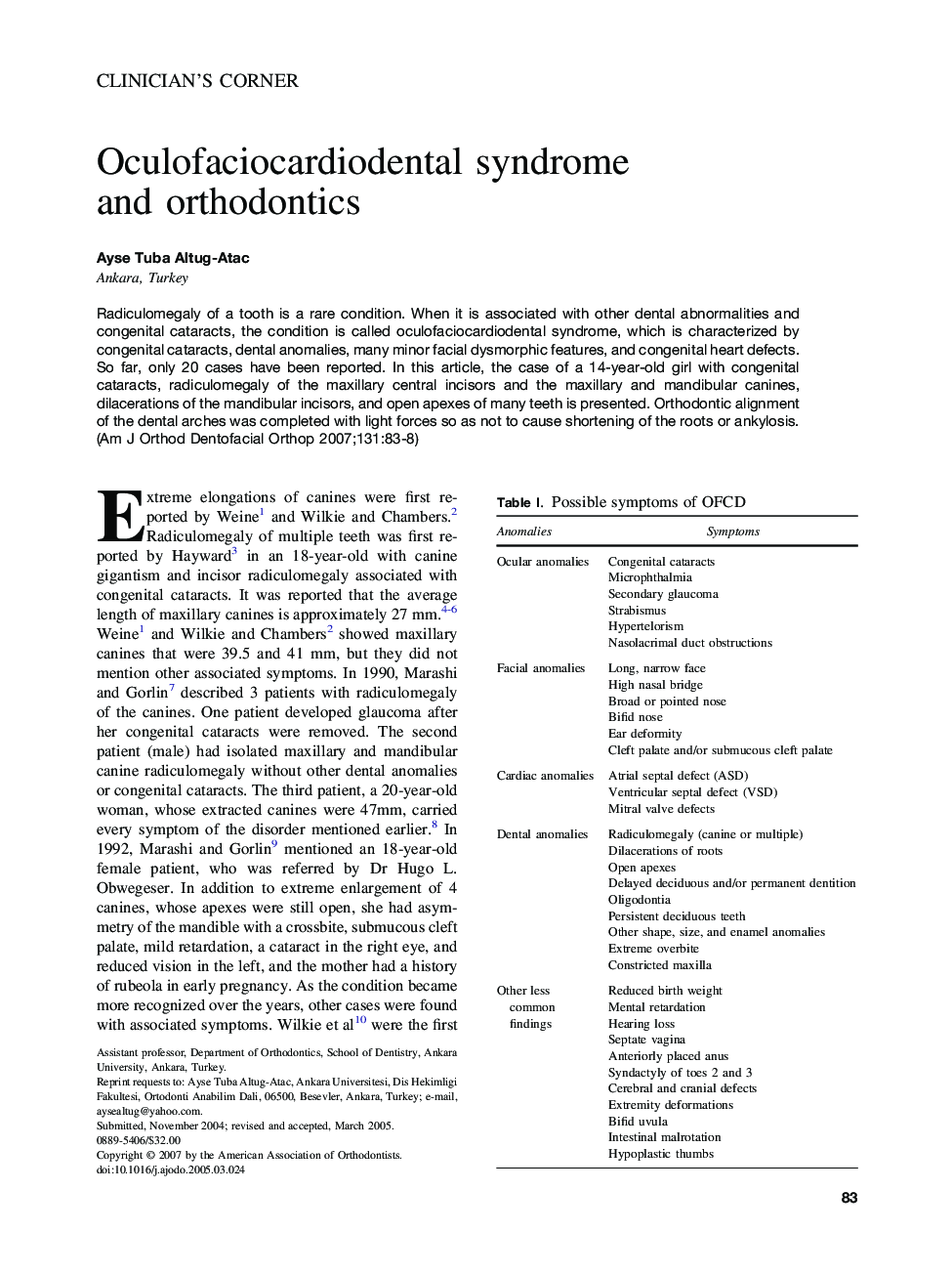 Oculofaciocardiodental syndrome and orthodontics