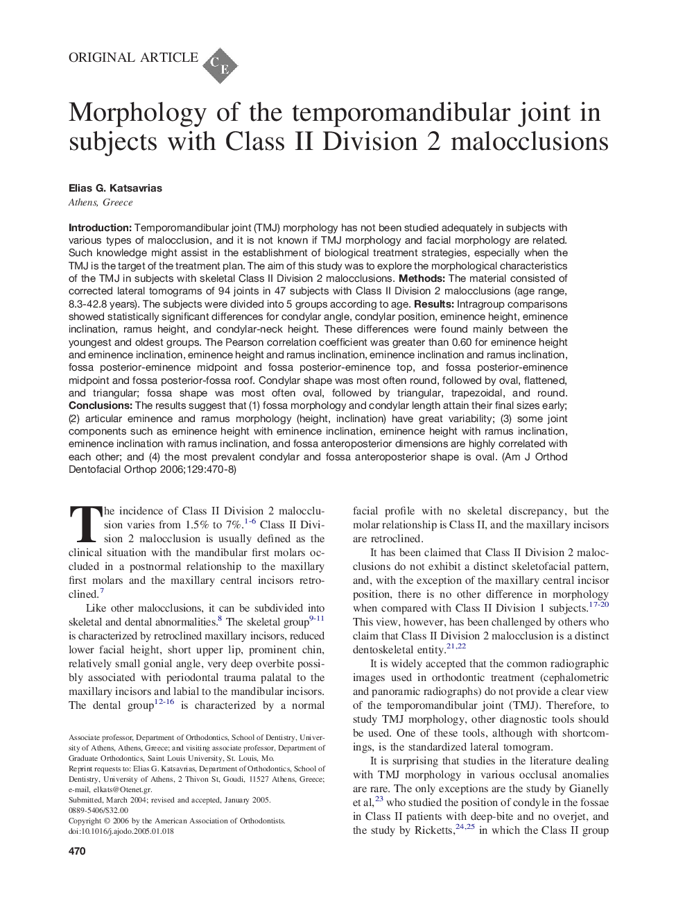 Morphology of the temporomandibular joint in subjects with Class II Division 2 malocclusions