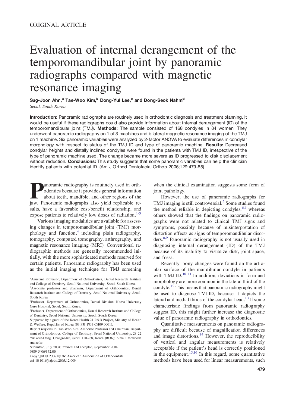 Evaluation of internal derangement of the temporomandibular joint by panoramic radiographs compared with magnetic resonance imaging 