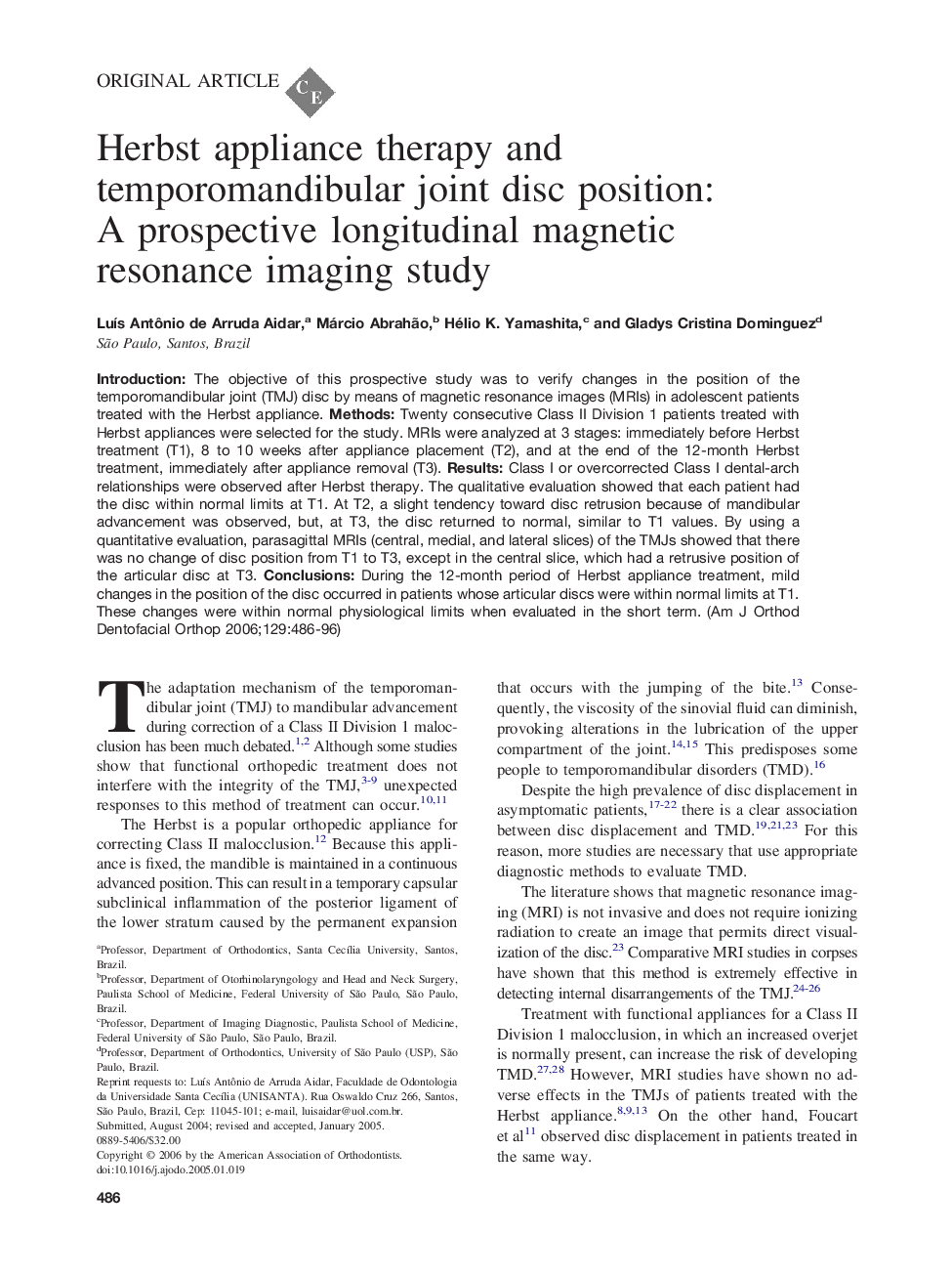 Herbst appliance therapy and temporomandibular joint disc position: A prospective longitudinal magnetic resonance imaging study