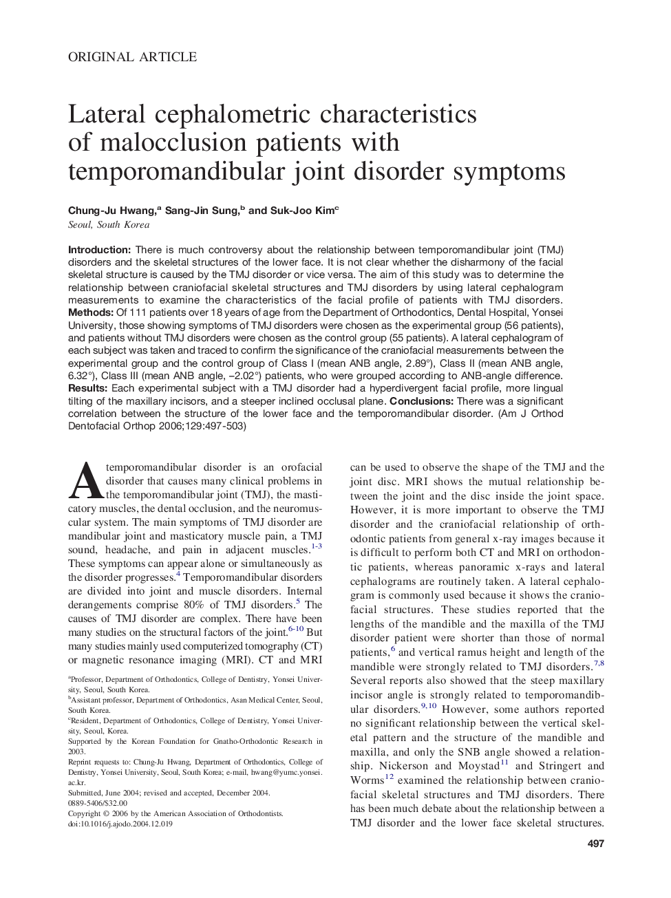 Lateral cephalometric characteristics of malocclusion patients with temporomandibular joint disorder symptoms 