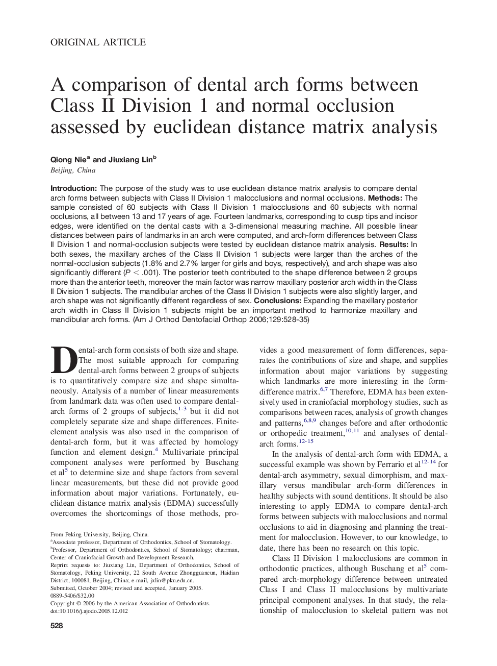 A comparison of dental arch forms between Class II Division 1 and normal occlusion assessed by euclidean distance matrix analysis