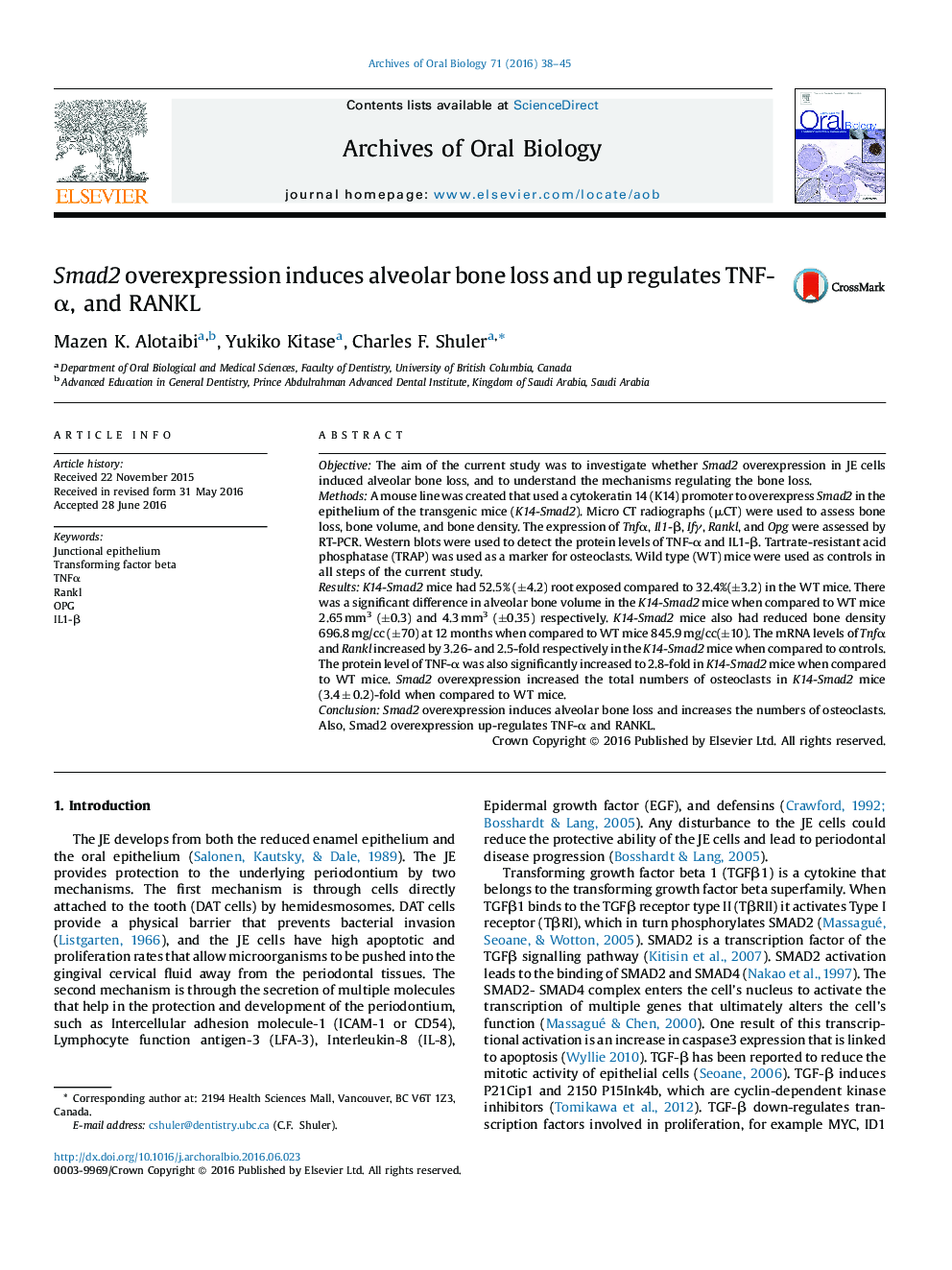 Smad2 overexpression induces alveolar bone loss and up regulates TNF-α, and RANKL