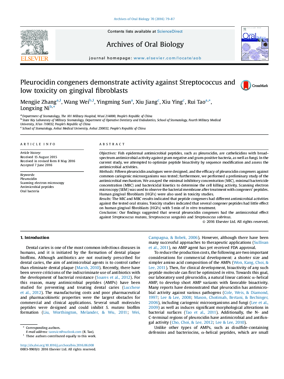 Pleurocidin congeners demonstrate activity against Streptococcus and low toxicity on gingival fibroblasts