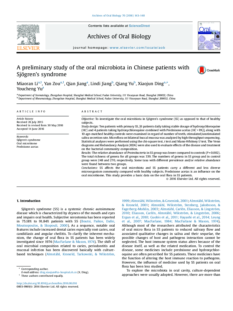 A preliminary study of the oral microbiota in Chinese patients with Sjögren’s syndrome