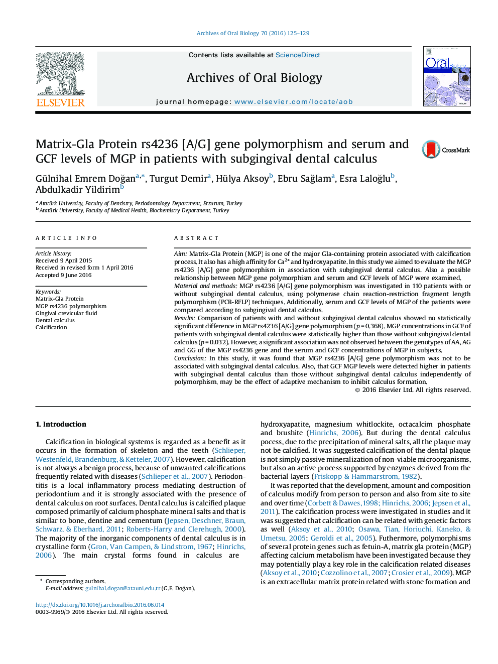 Matrix-Gla Protein rs4236 [A/G] gene polymorphism and serum and GCF levels of MGP in patients with subgingival dental calculus