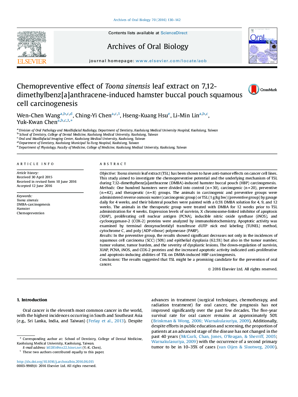 Chemopreventive effect of Toona sinensis leaf extract on 7,12-dimethylbenz[a]anthracene-induced hamster buccal pouch squamous cell carcinogenesis