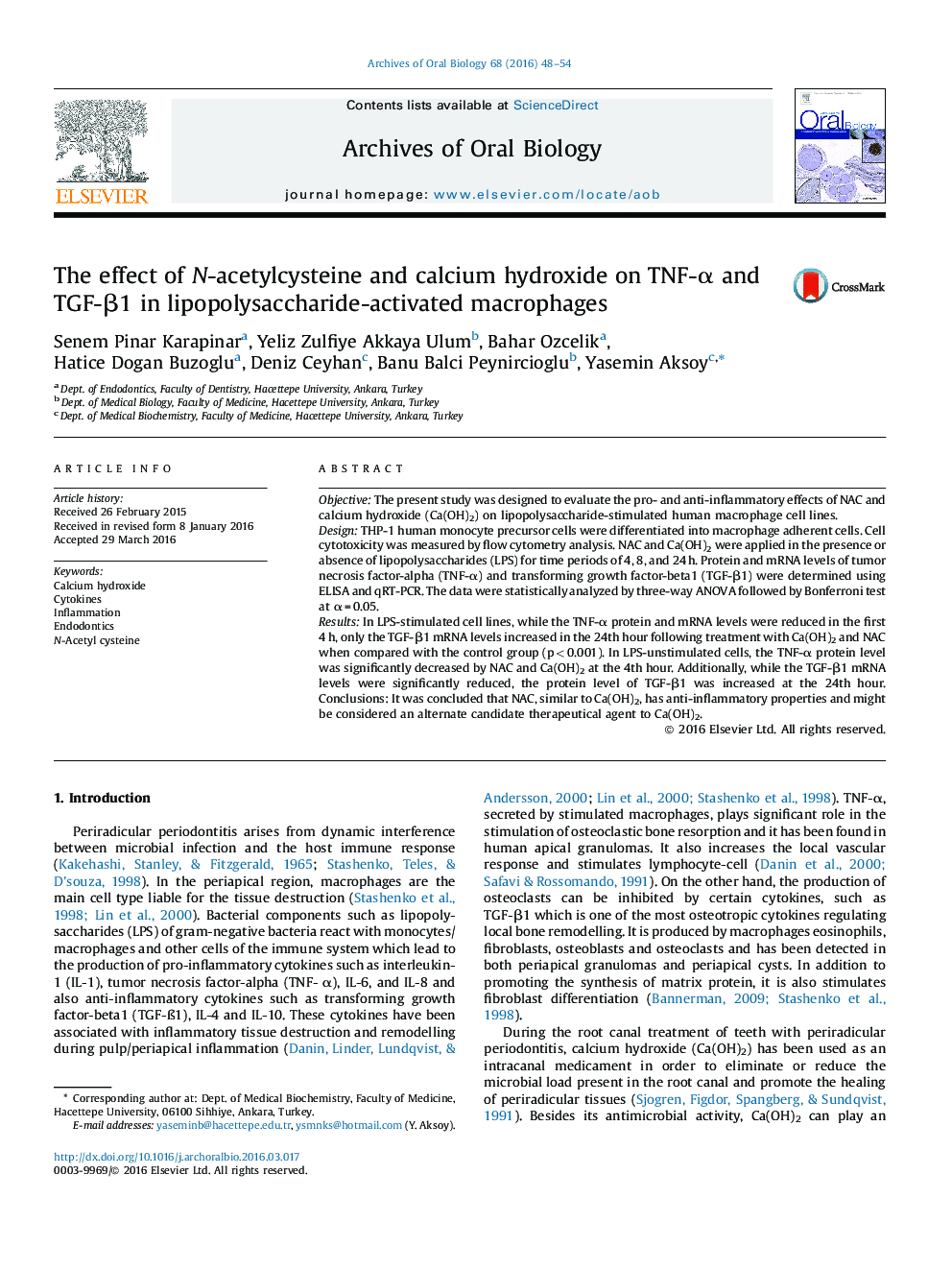 The effect of N-acetylcysteine and calcium hydroxide on TNF-α and TGF-β1 in lipopolysaccharide-activated macrophages