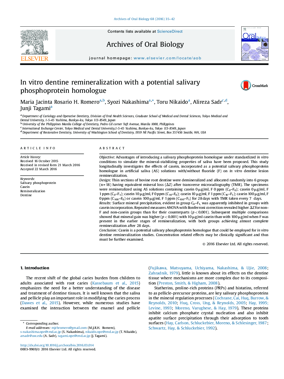 In vitro dentine remineralization with a potential salivary phosphoprotein homologue