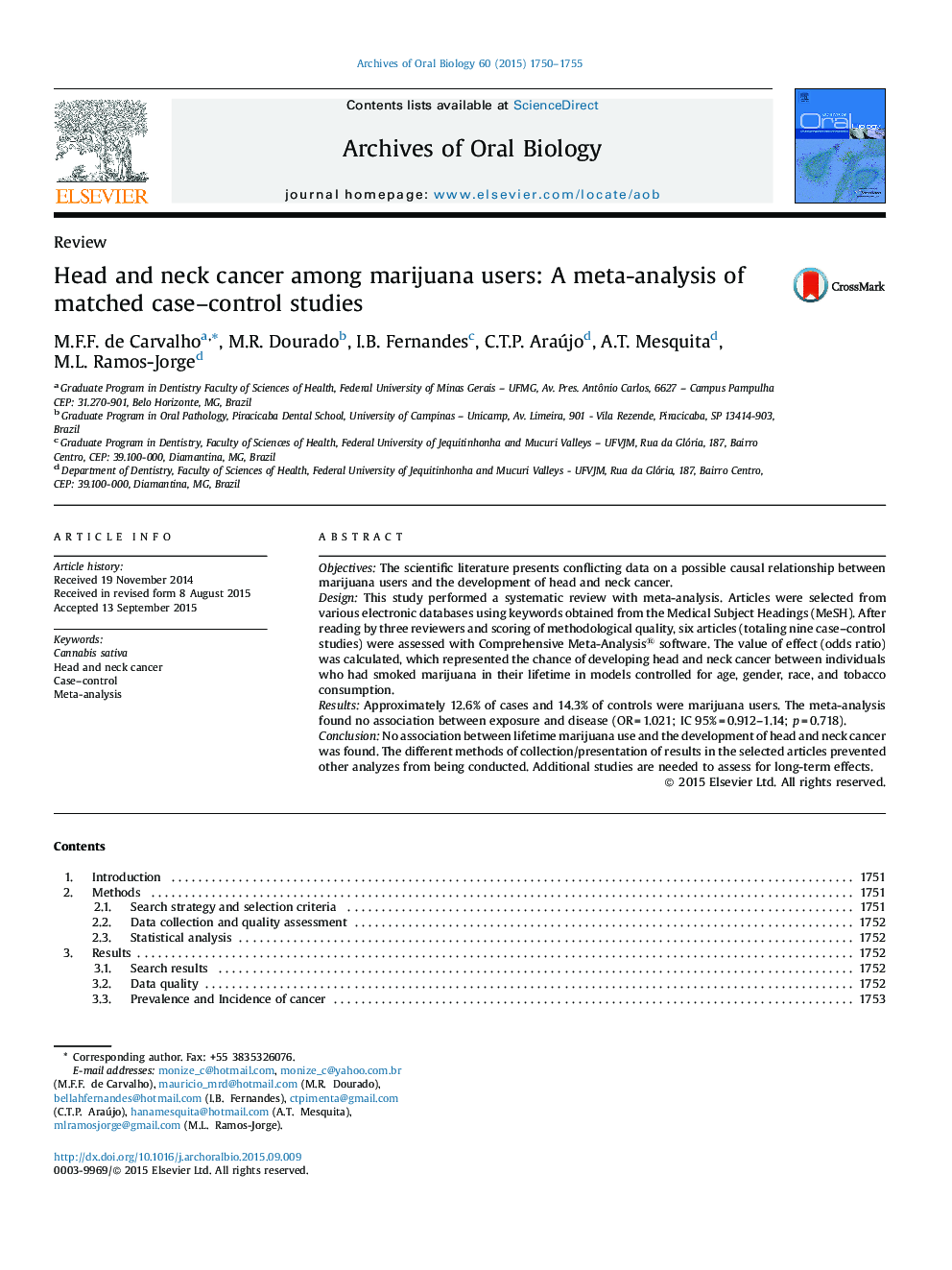 Head and neck cancer among marijuana users: A meta-analysis of matched case–control studies