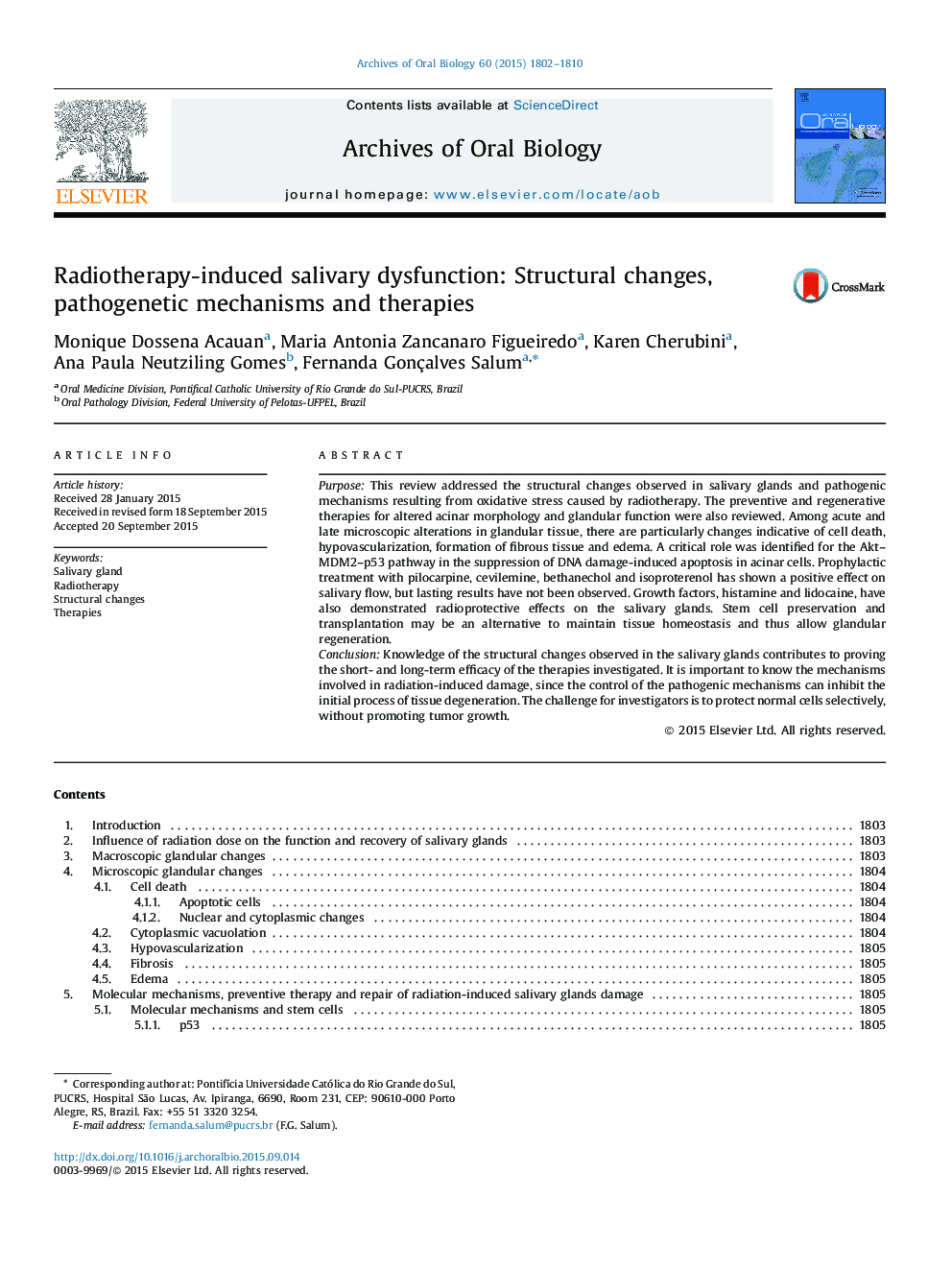 Radiotherapy-induced salivary dysfunction: Structural changes, pathogenetic mechanisms and therapies