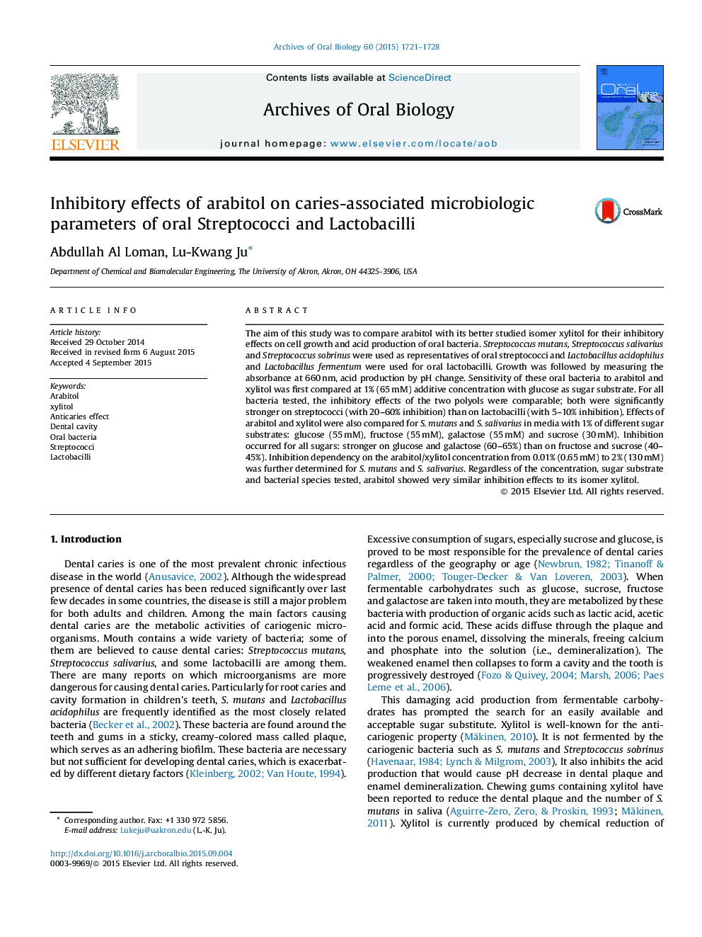 Inhibitory effects of arabitol on caries-associated microbiologic parameters of oral Streptococci and Lactobacilli