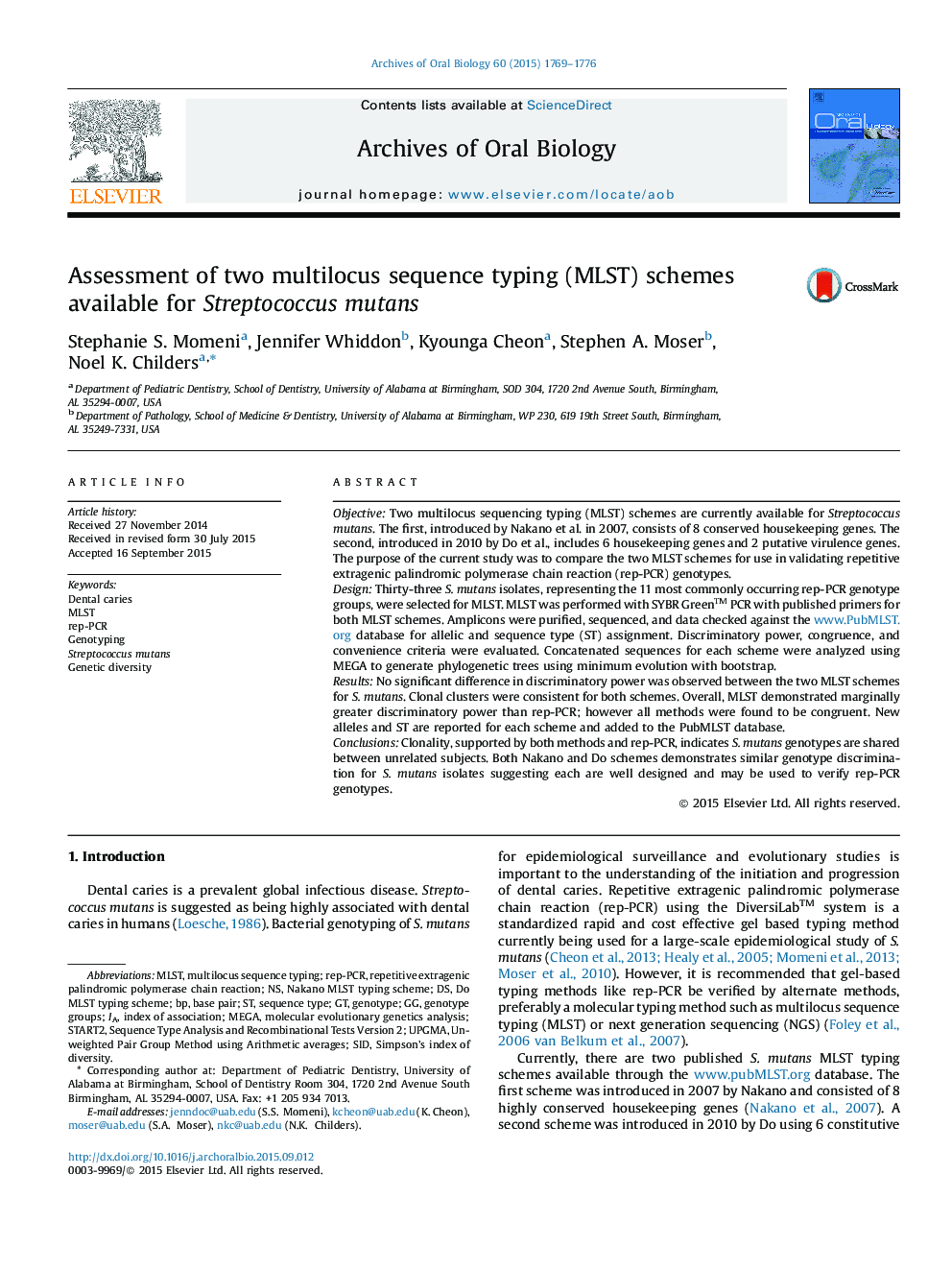 Assessment of two multilocus sequence typing (MLST) schemes available for Streptococcus mutans