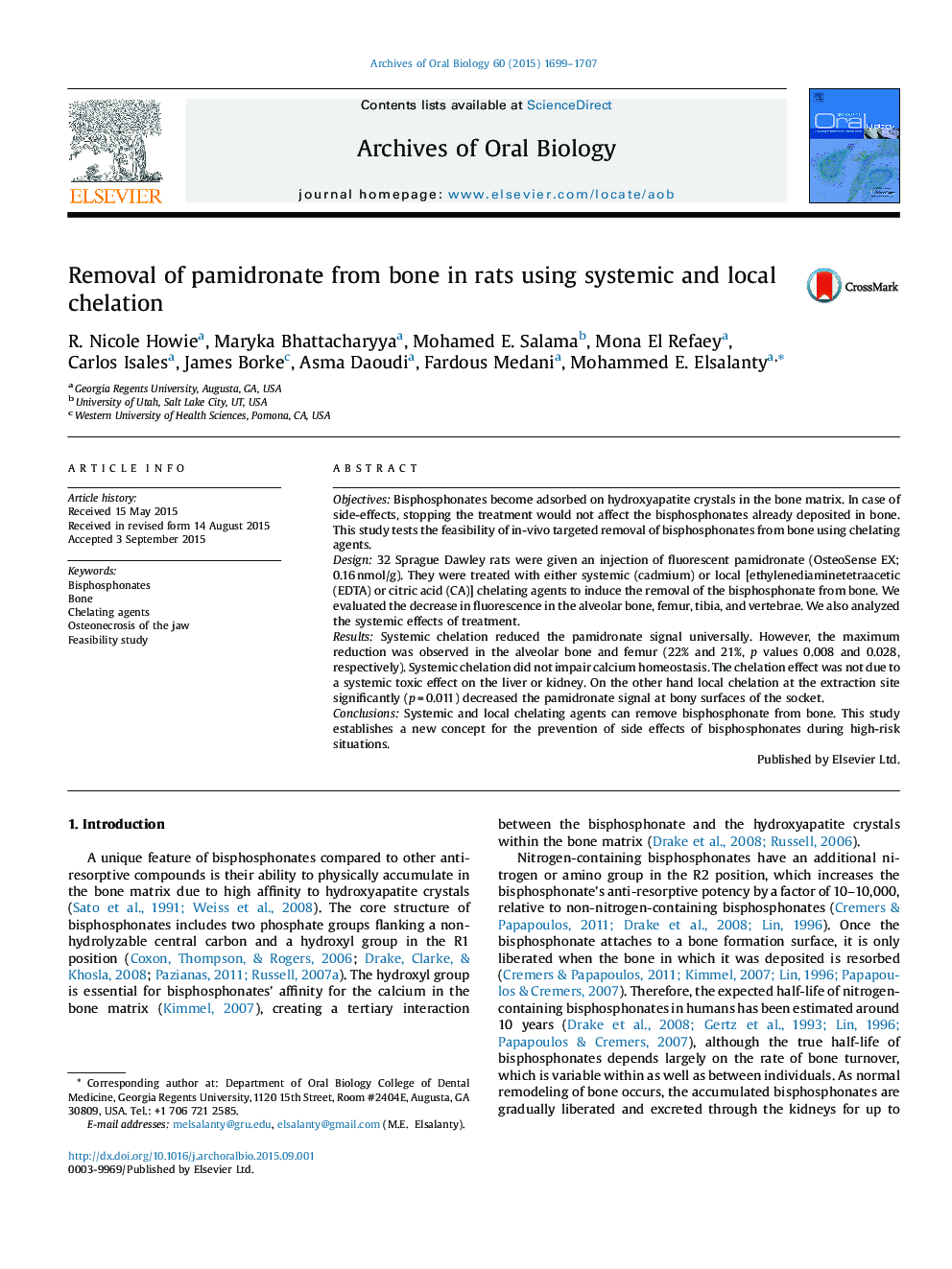 Removal of pamidronate from bone in rats using systemic and local chelation